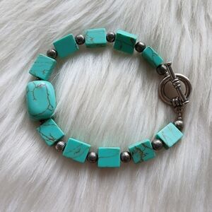 Beaded Bracelet Toggle Clasp Turquoise Blue Stone Silver Beads Western Jewelry